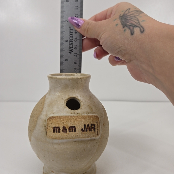 Small Vintage Ceramic m&m JAR Beige Tan Ash Glazed Pottery Vessel Vase W/ Hole - Picture 15 of 17